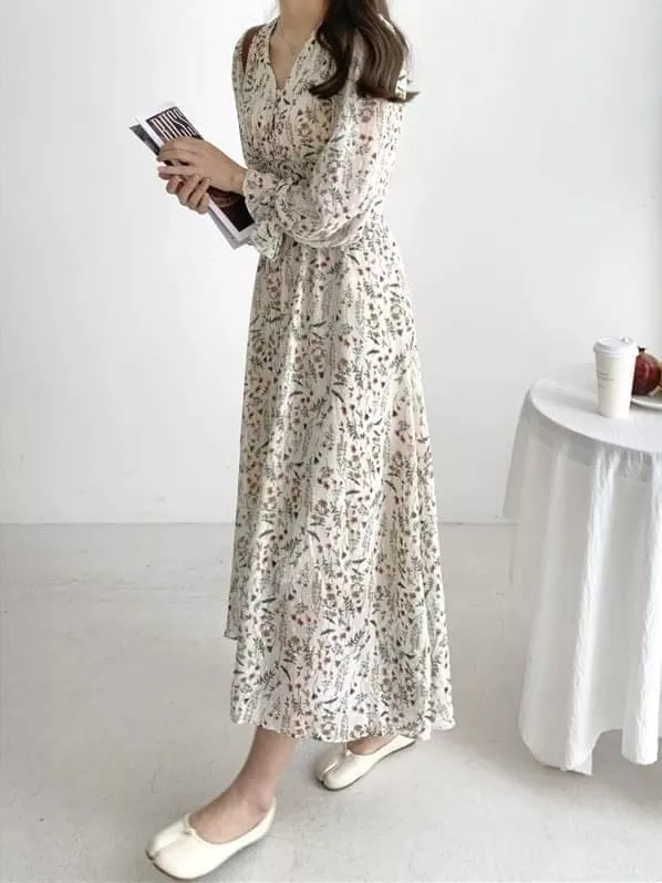 清新小花寬縮腰長洋