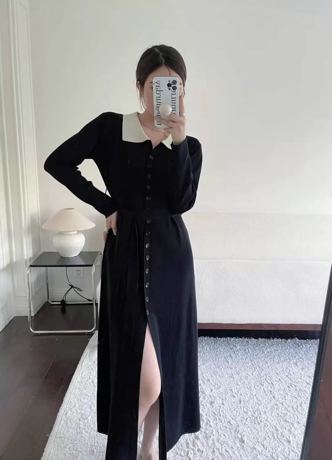 撞色領排釦針織長洋