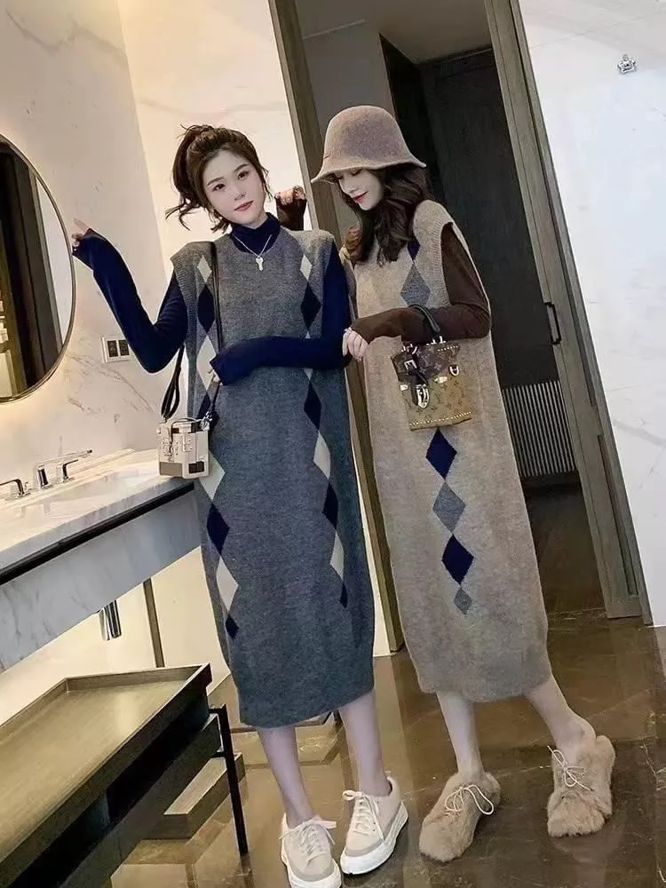 菱格紋 顯瘦背心洋裝