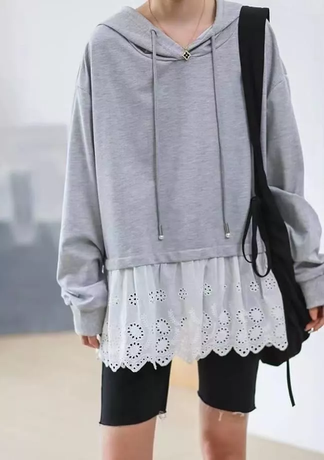 連帽拼接緹花棉蕾絲上衣
