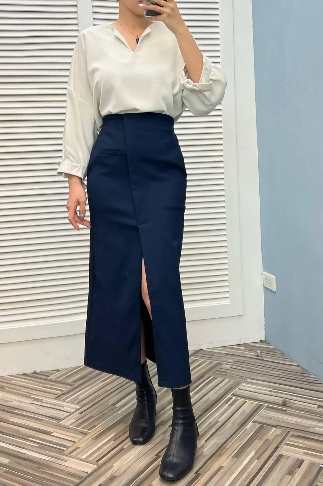 後彈力腰頭下擺開衩長裙