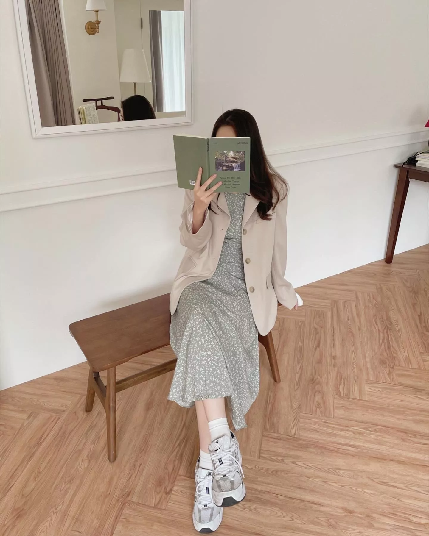 現貨/碎花抓褶洋裝 淺綠色