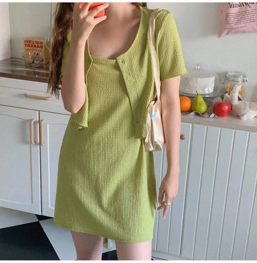 現貨/兩件式細肩洋裝SET 草地綠