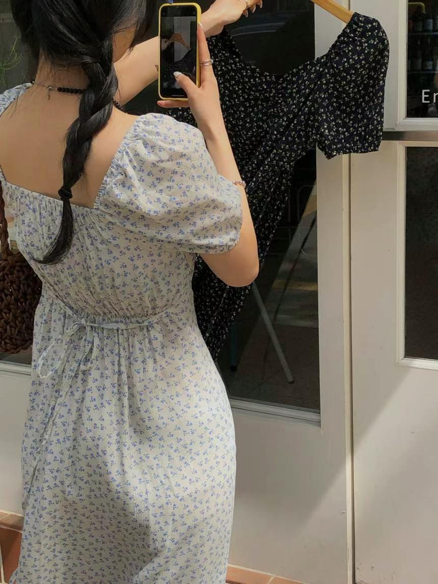 可甜可鹽碎花開衩長洋