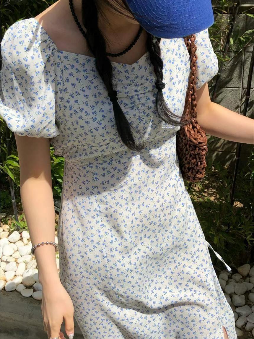 可甜可鹽碎花開衩長洋