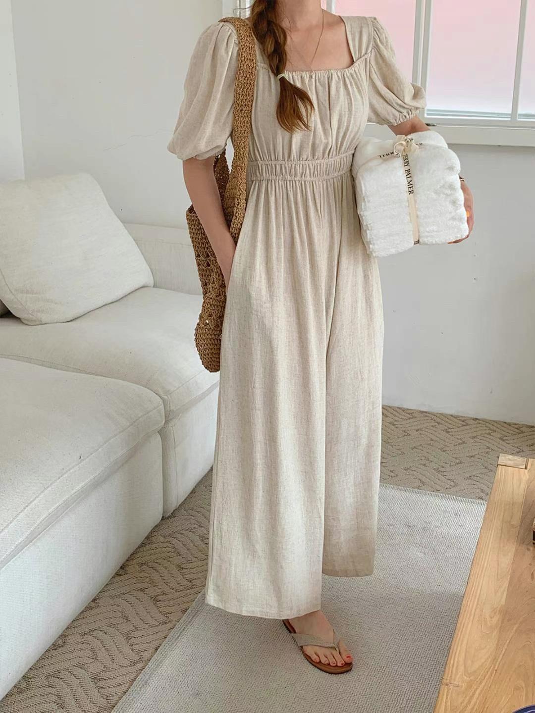 短袖棉麻寬鬆連身褲 杏色