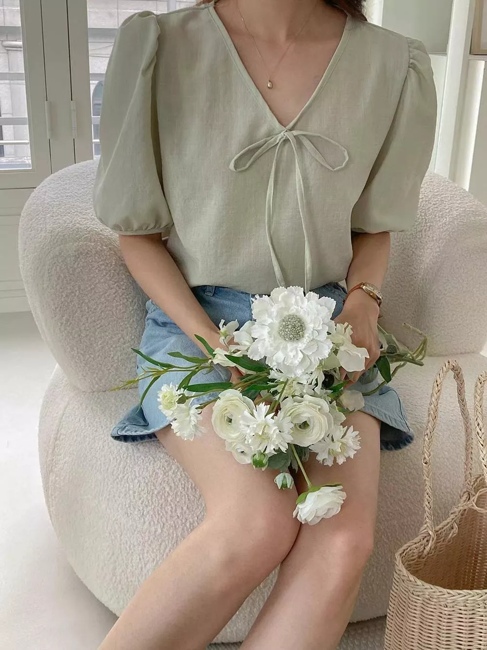 氣質綁帶上衣 淺綠色