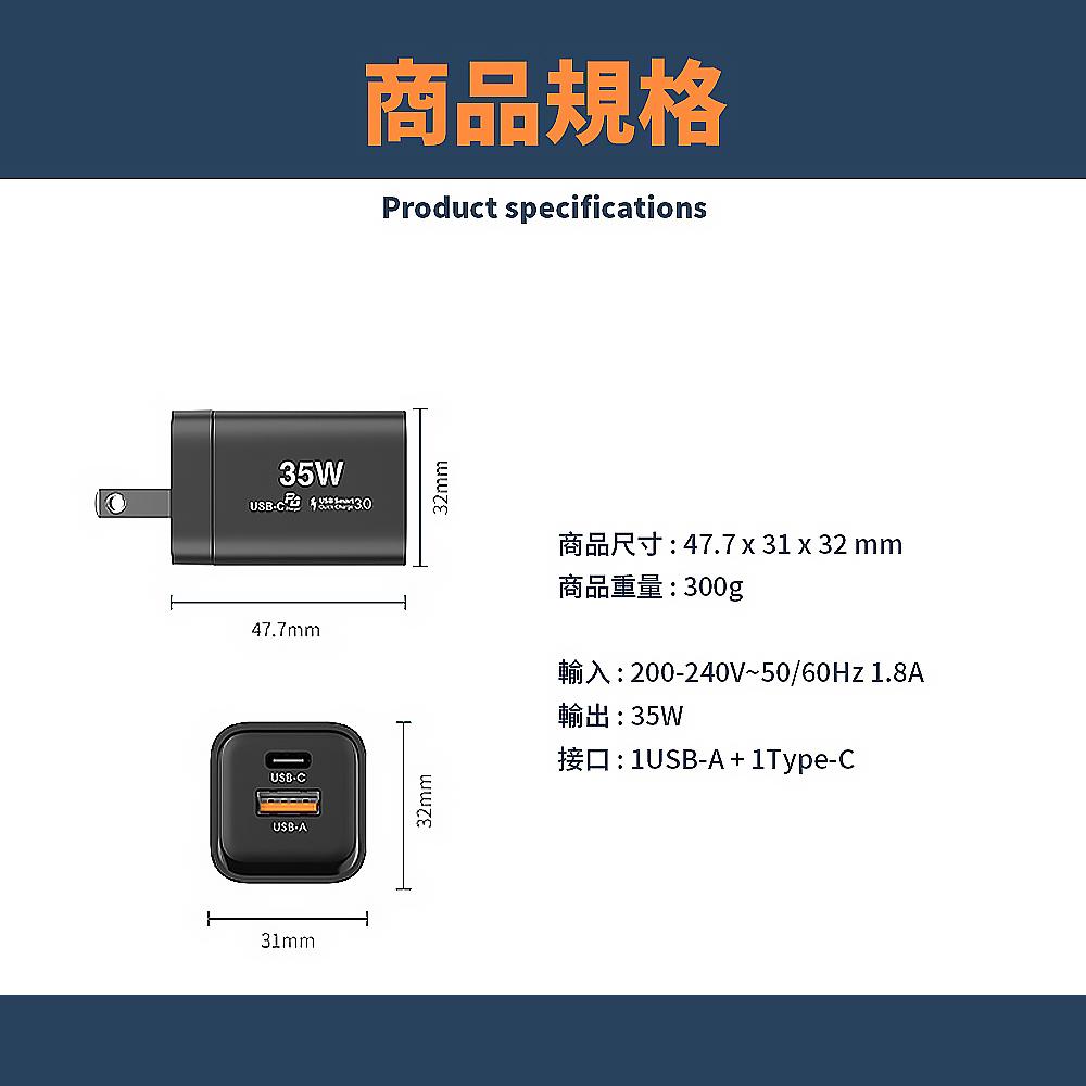 【SPOT ON】35W PD+QC3.0 Gan 氮化鎵 雙孔 35W充電器 快充充電器(Gan 雙孔快充充電頭/快充充電器)