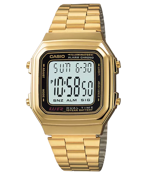 CASIO卡西歐手錶專賣店 十年電池超大字體 金色不鏽鋼錶帶  中性錶款  A178WGA