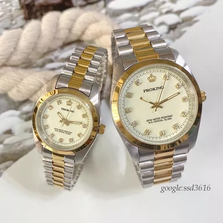 PROKING皇冠鑽錶/雙色錶帶/日本機芯台灣品牌 品質優/強化玻璃/夜光錶/大小錶徑2035夜光面雙色鑽錶