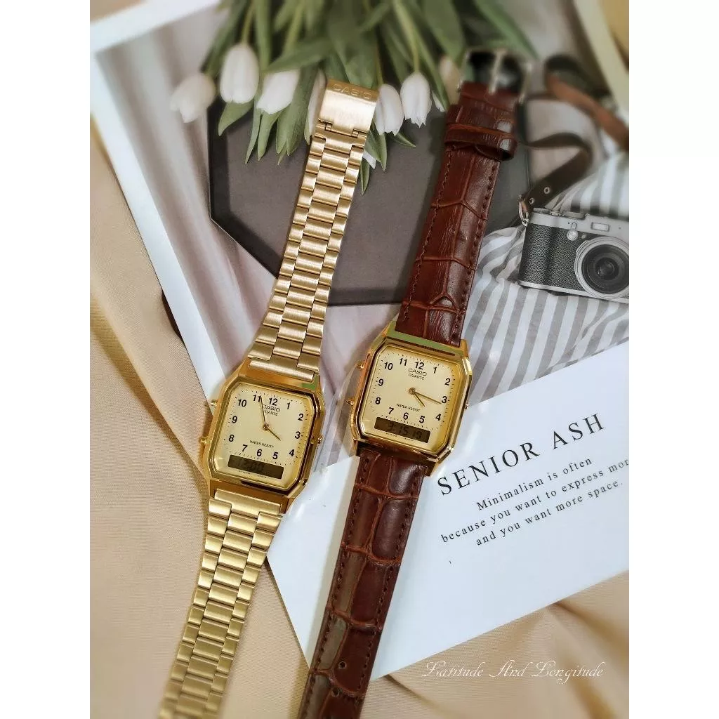 經緯度鐘錶【CASIO手錶】專賣店 金色復刻板+鏡面專用貼膜 雙顯錶 台灣卡西歐公司代理貨【超低價】AQ-230GA