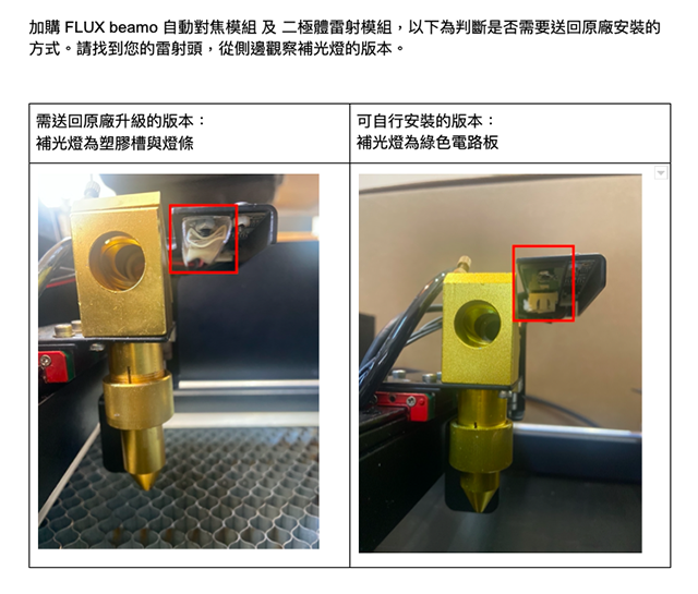 雷射切割機欲安裝自動對焦套組與二級雷射模組請依補光燈判斷是否原廠送修