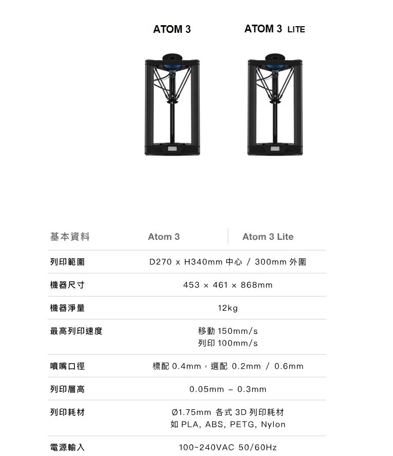 ATOM 3 (FDM 3D列印機)-規格