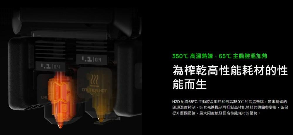Bambu Lab H2D 350&deg;C 高溫熱端 65&deg;C 主動腔溫加熱