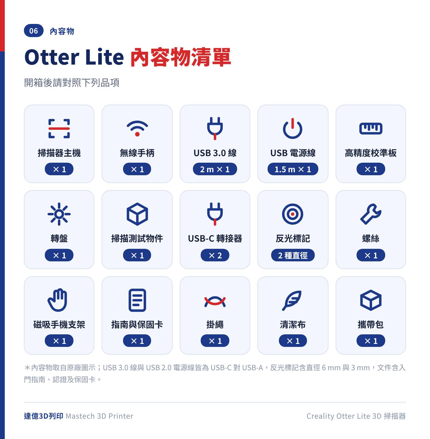 Otter Lite 內容物清單：掃描器、無線手柄、USB 3.0 線 2m、USB 2.0 電源線 1.5m、高精度校準板、轉盤、掃描測試物件、USB-C 轉接器 2 個、反光標記、螺絲、磁吸手機支架、掛繩、清潔布與攜帶包