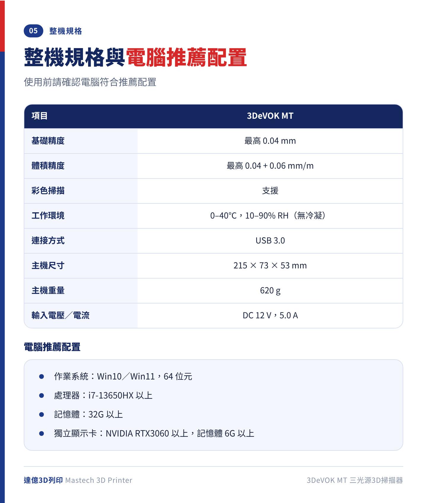 3DeVOK MT 整機規格：基礎精度最高 0.04 mm、主機 215×73×53 mm、重量 620 g、USB 3.0、DC 12 V 5.0 A；電腦推薦 i7-13650HX、32G 記憶體、RTX3060 以上