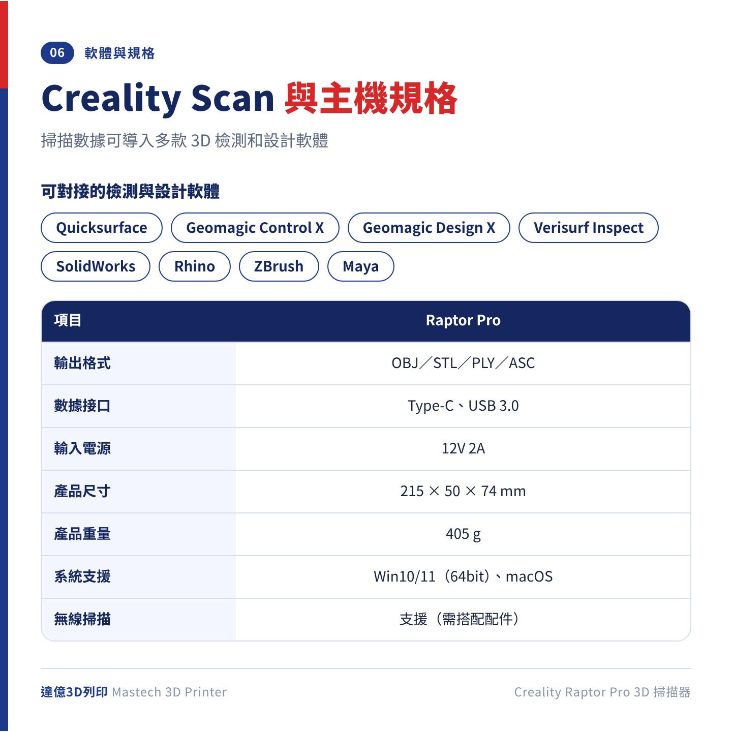 Raptor Pro 軟體與主機規格：Creality Scan 數據可導入 Quicksurface、Geomagic、Rhino 等軟體；輸出 OBJ／STL／PLY／ASC，主機 215×50×74mm、405g