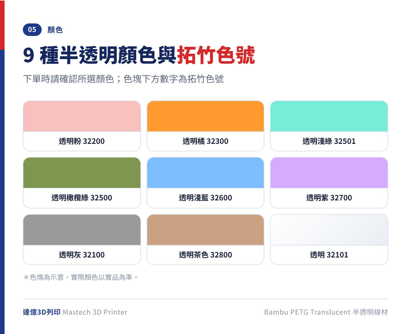 Bambu PETG Translucent 9 色與拓竹色號：透明粉 32200、透明橘 32300、透明淺綠 32501、透明橄欖綠 32500、透明淺藍 32600、透明紫 32700、透明灰 32100、透明茶色 32800、透明 32101