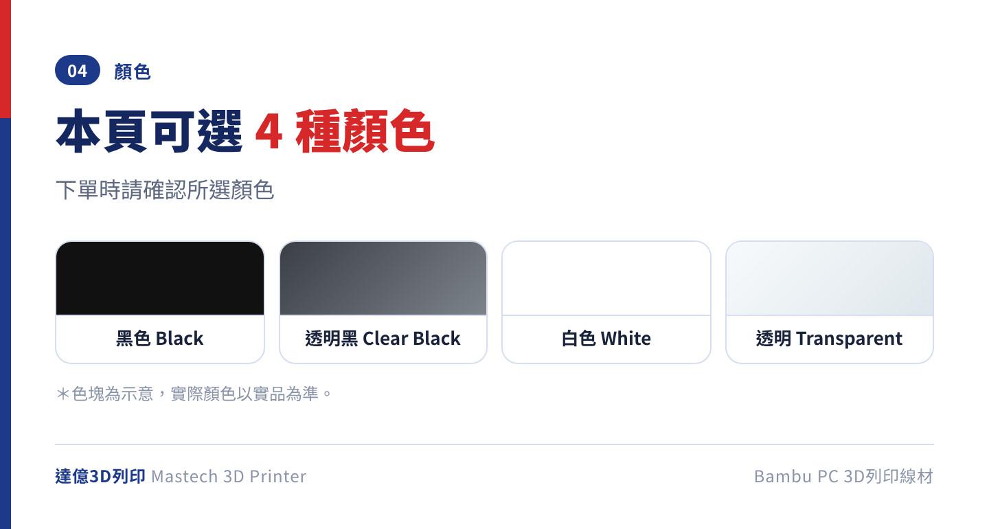 Bambu PC 3D列印線材的 4 種顏色：黑色 Black、透明黑 Clear Black、白色 White、透明 Transparent