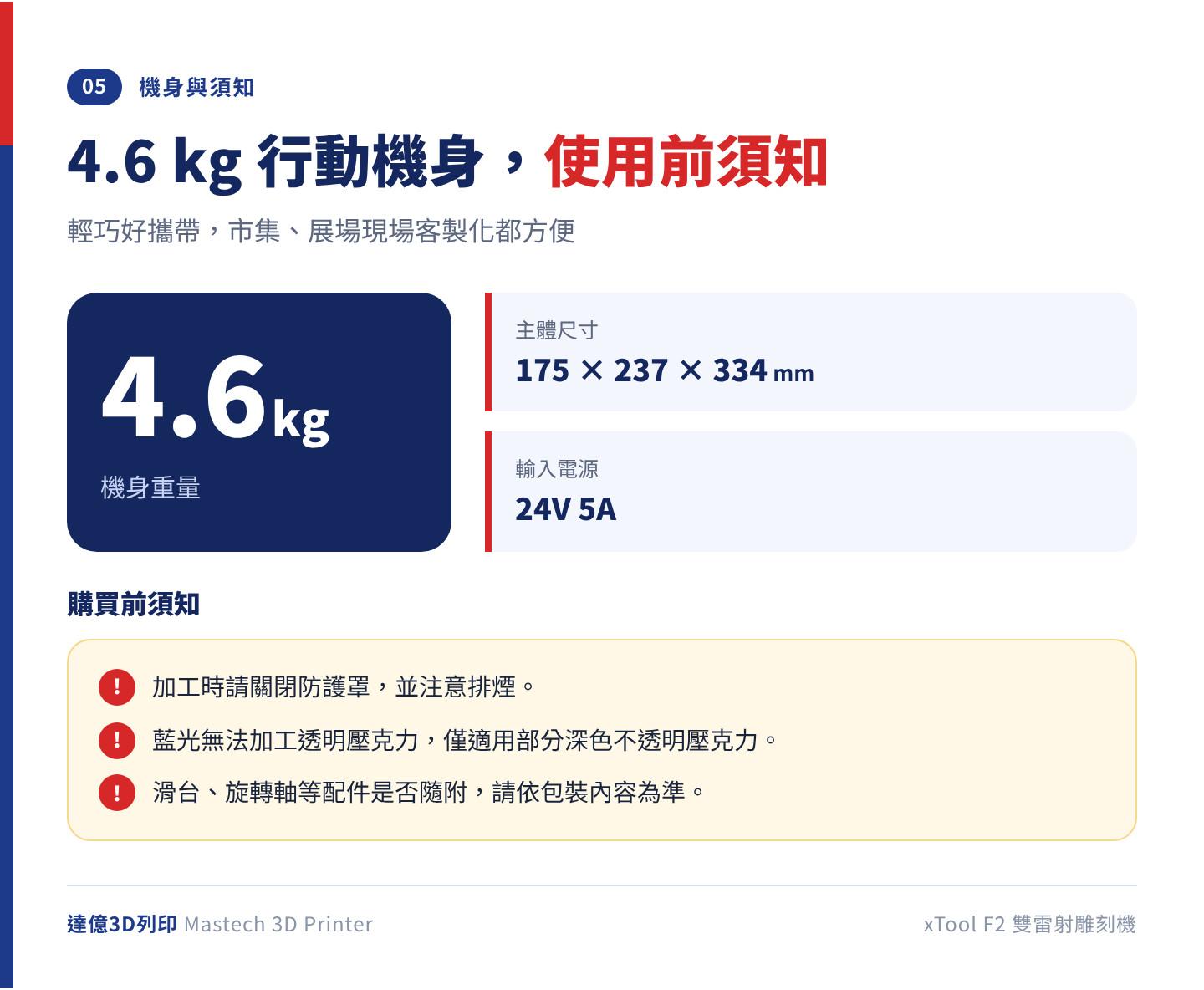 xTool F2 機身與使用須知：重量 4.6 kg、主體尺寸 175 × 237 × 334 mm、輸入電源 24V 5A；加工時請關閉防護罩並注意排煙，藍光無法加工透明壓克力