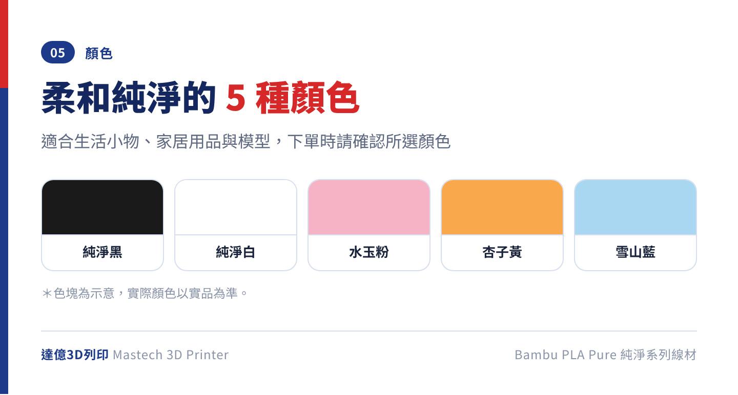 Bambu PLA Pure 純淨系列線材的 5 種顏色：純淨黑、純淨白、水玉粉、杏子黃、雪山藍