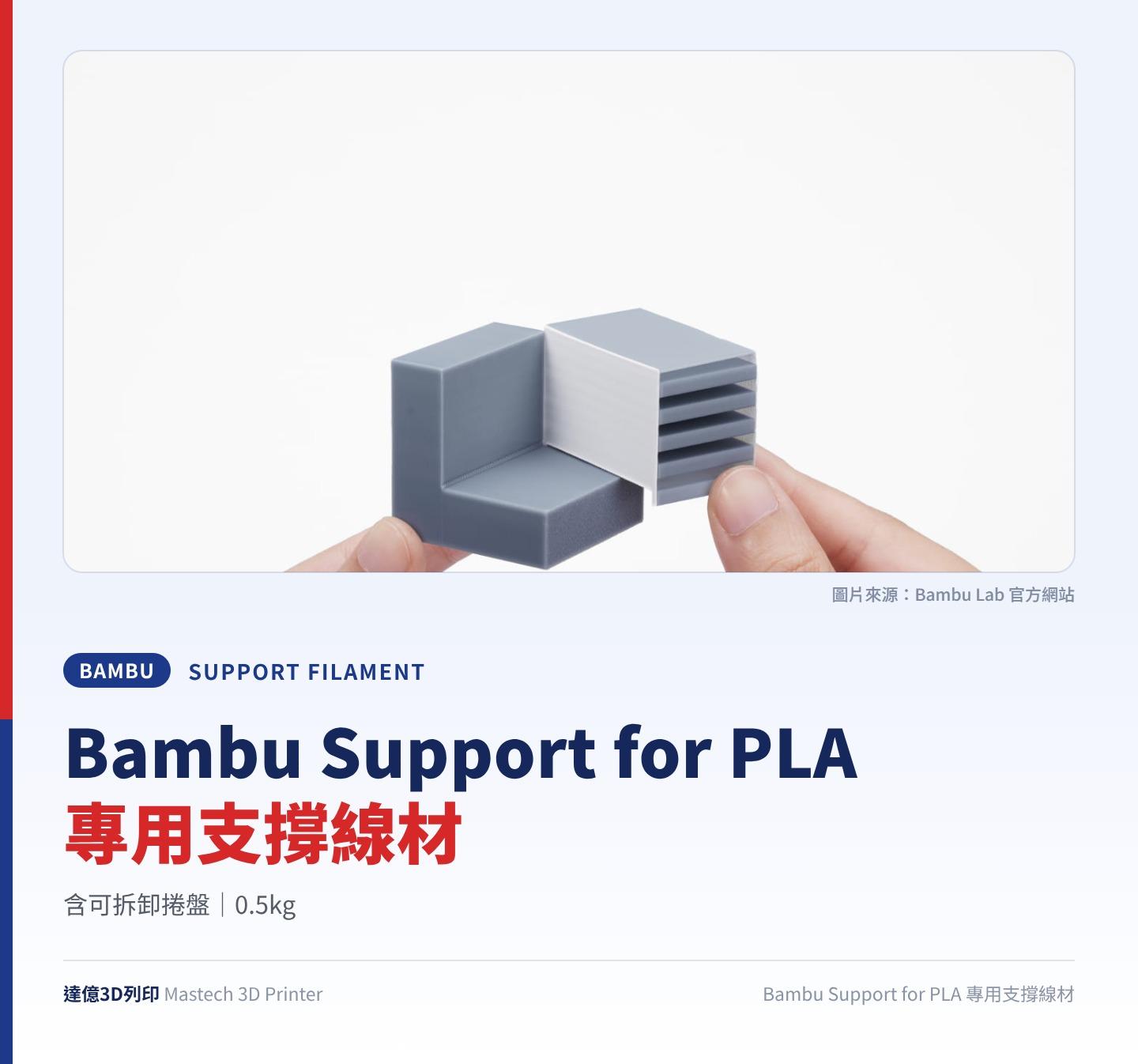 Bambu Support for PLA 專用支撐線材重點圖卡：含可拆卸捲盤、0.5kg；圖卡上方為 Bambu Lab 官方照片：手持帶有支撐結構的灰色列印樣品