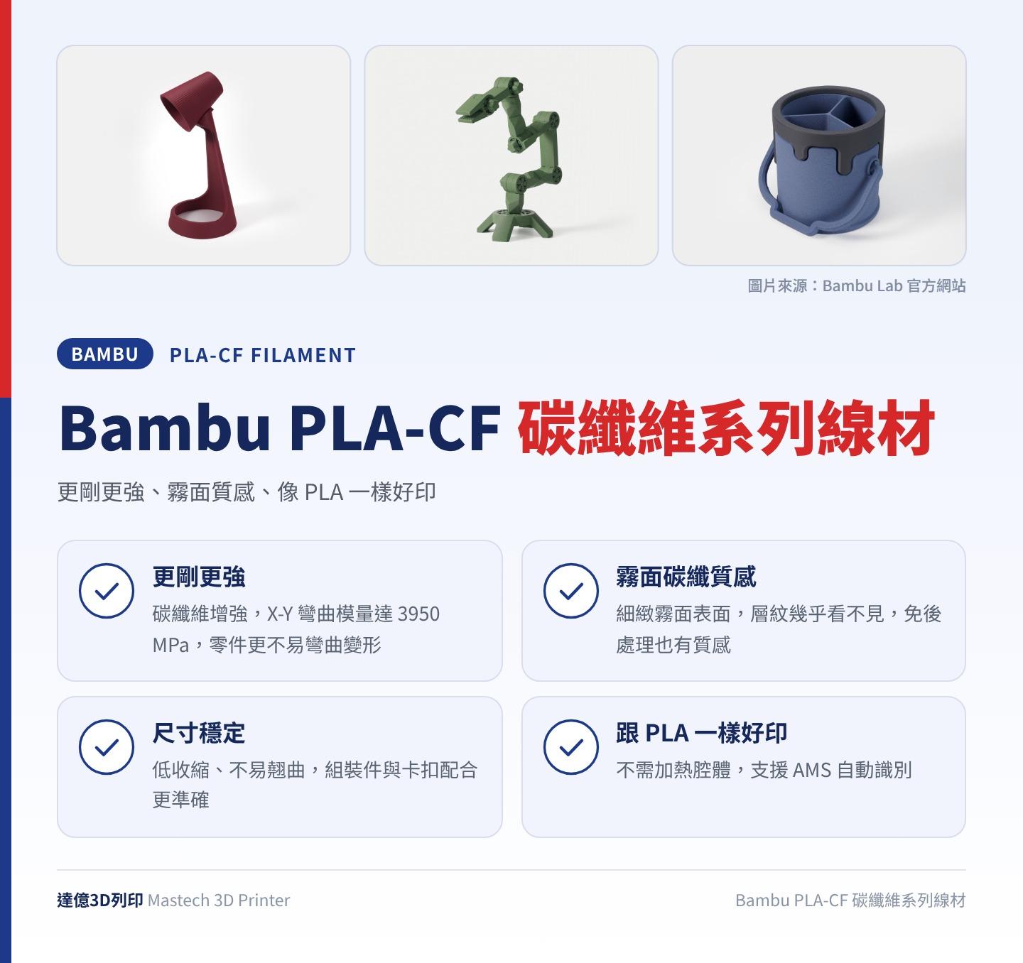Bambu PLA-CF 碳纖維系列線材重點圖卡：更剛更強、霧面質感、像 PLA 一樣好印；更剛更強：碳纖維增強，X-Y 彎曲模量達 3950 MPa，零件更不易彎曲變形；霧面碳纖質感：細緻霧面表面，層紋幾乎看不見，免後處理也有質感；尺寸穩定：低收縮、不易翹曲，組裝件與卡扣配合更準確；跟 PLA 一樣好印：不需加熱腔體，支援 AMS 自動識別；圖卡上方為 Bambu Lab 官方照片：檯燈、機械手臂與筆筒造型列印品