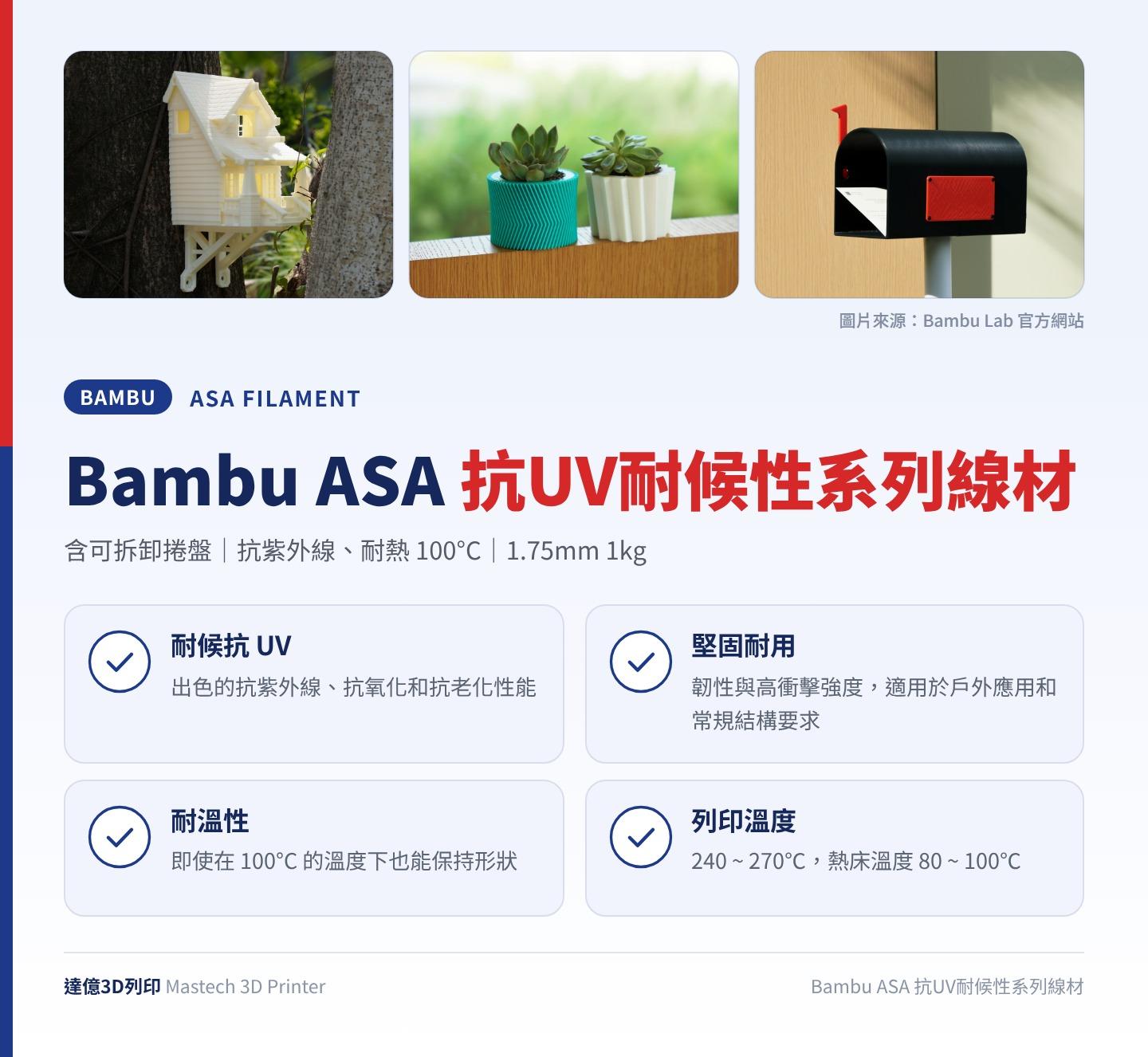Bambu ASA 抗UV耐候性系列線材重點圖卡：含可拆卸捲盤、抗紫外線、耐熱 100°C、1.75mm 1kg；耐候抗 UV：出色的抗紫外線、抗氧化和抗老化性能；堅固耐用：韌性與高衝擊強度，適用於戶外應用和常規結構要求；耐溫性：即使在 100°C 的溫度下也能保持形狀；列印溫度：240 ~ 270℃，熱床溫度 80 ~ 100℃；圖卡上方為 Bambu Lab 官方照片：戶外鳥屋、花盆與信箱列印品