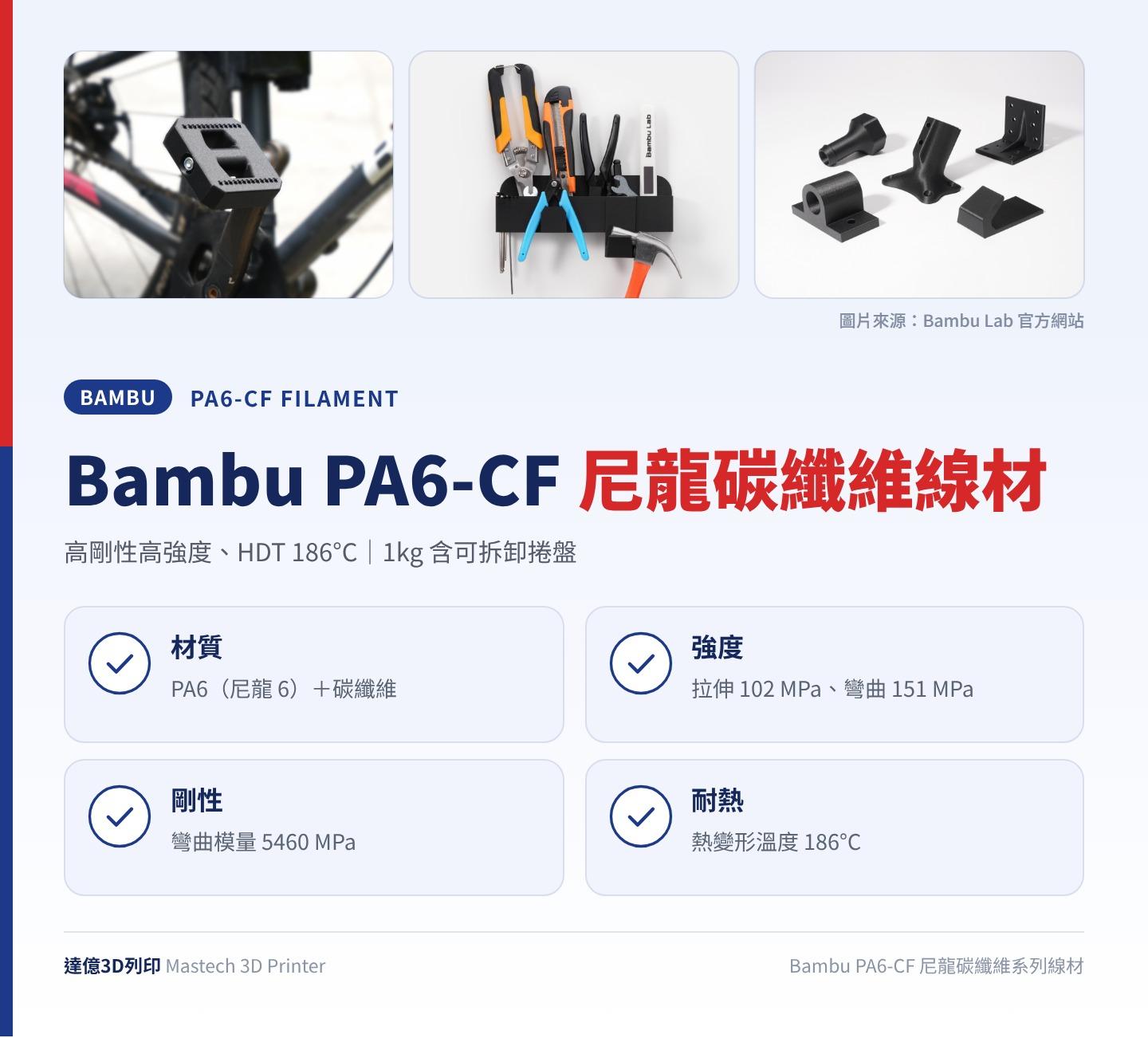 Bambu PA6-CF 尼龍碳纖維系列線材重點圖卡：高剛性高強度、HDT 186°C、1kg 含可拆卸捲盤；材質：PA6（尼龍 6）＋碳纖維；強度：拉伸 102 MPa、彎曲 151 MPa；剛性：彎曲模量 5460 MPa；耐熱：熱變形溫度 186°C；圖卡上方為 Bambu Lab 官方照片：自行車踏板、工具架與支架零件列印品