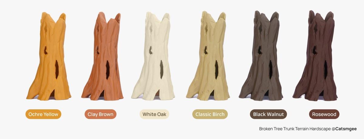 Bambu PLA Wood 木頭色系列線材 6 色樹幹模型對照:赭石黃、陶土褐、白橡木、經典樺木、黑胡桃、紅木