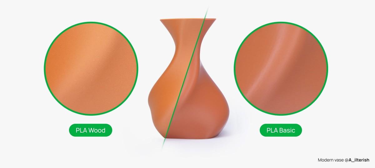花瓶模型表面對照:左半為 Bambu PLA Wood 霧面質感,右半為 PLA Basic