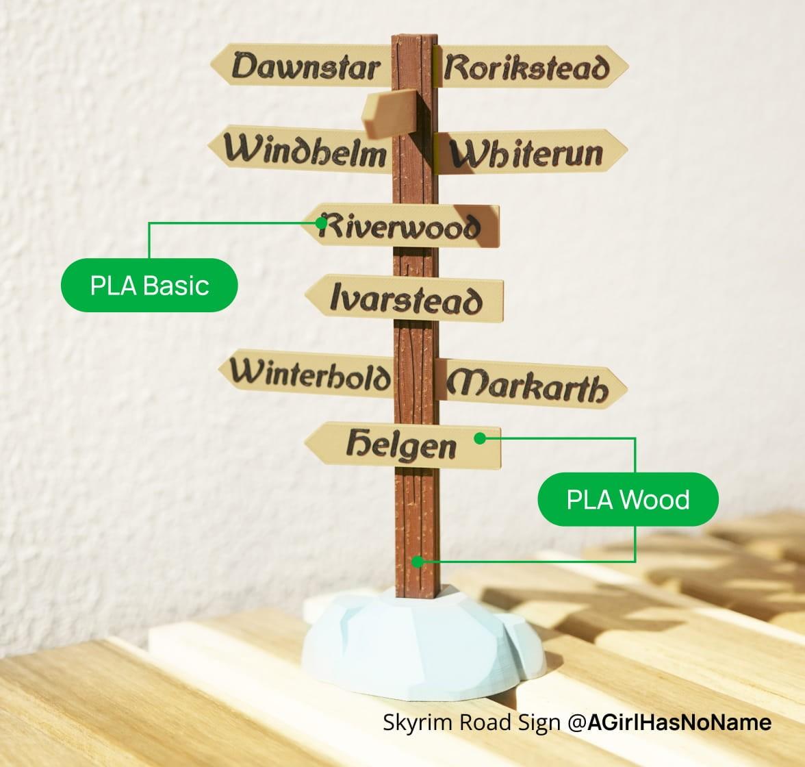 以 Bambu PLA Wood 與 PLA Basic 混搭列印的木質路標模型