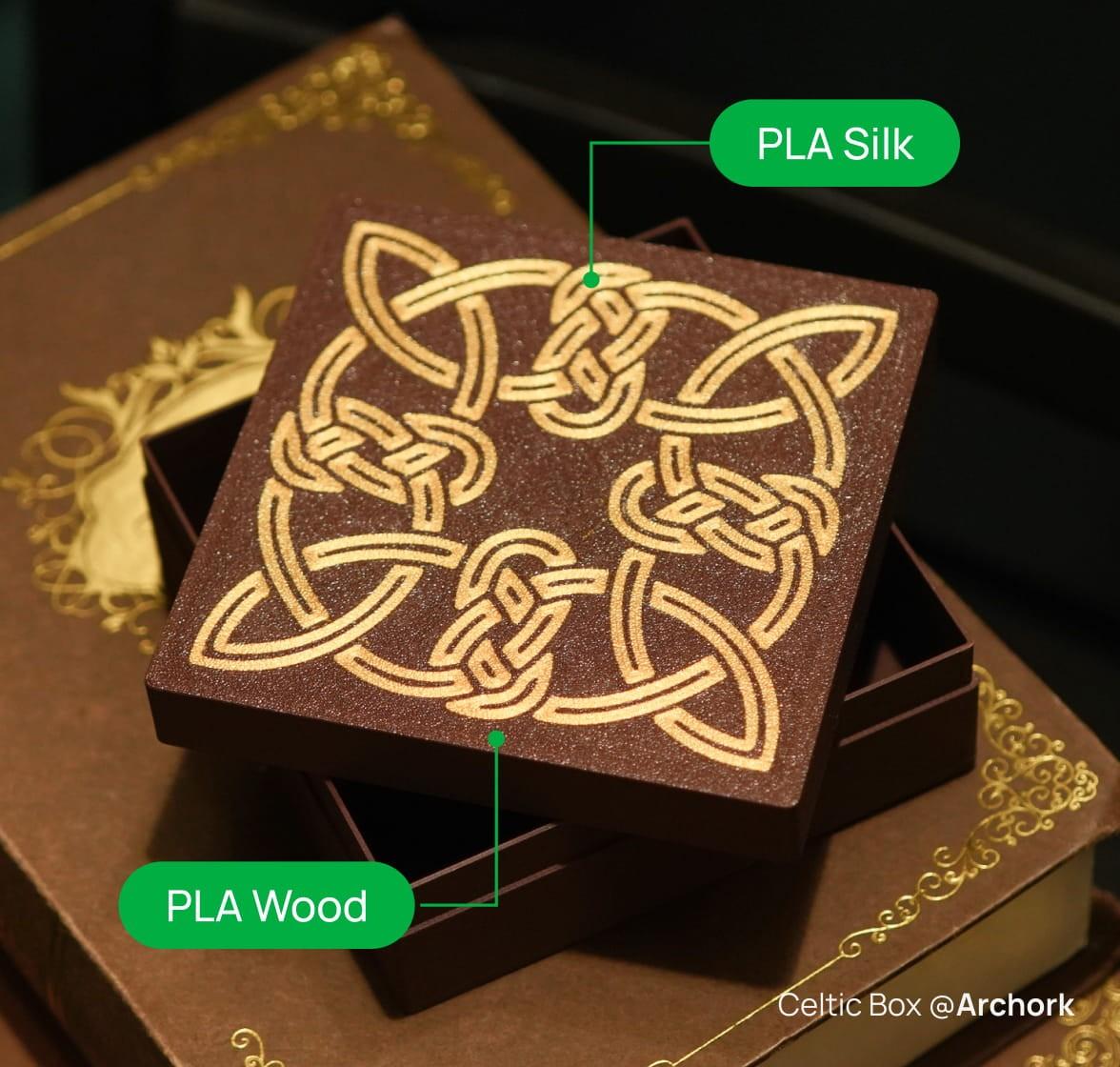 以 Bambu PLA Wood 與 PLA Silk 混搭列印的凱爾特紋飾木盒