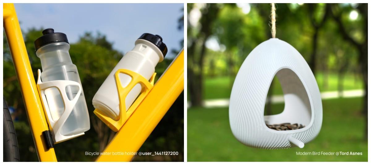 以 Bambu PETG Basic 基礎款系列線材 列印的自行車水壺架與戶外鳥類餵食器