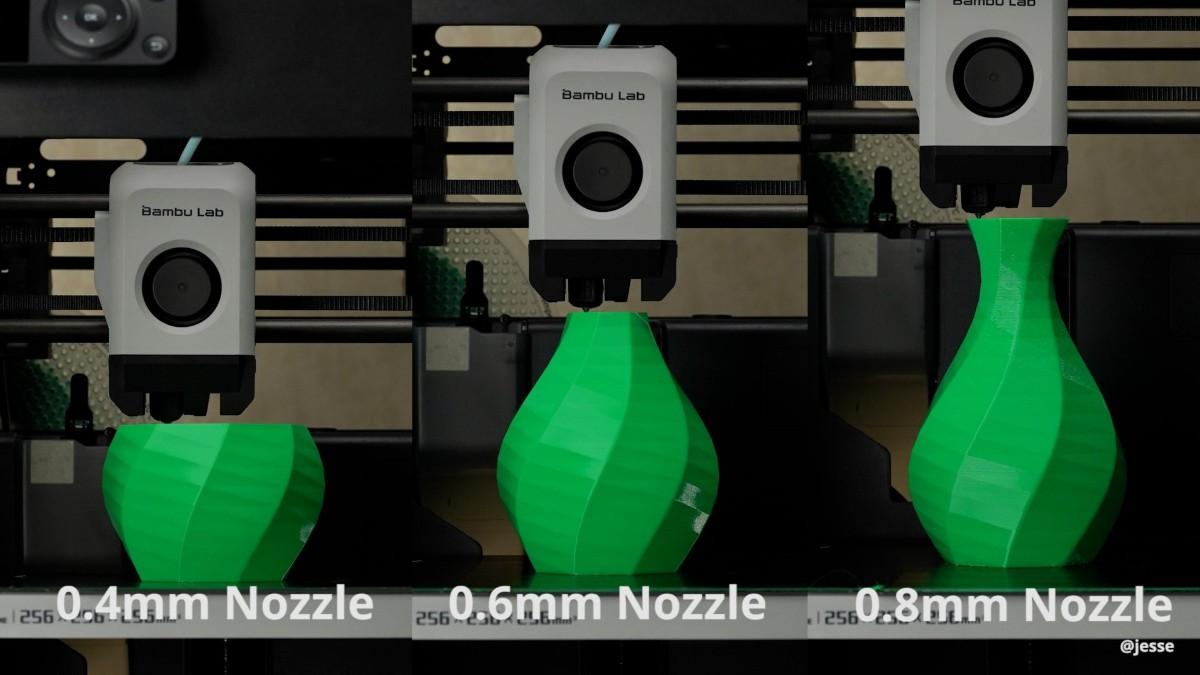 0.4mm、0.6mm、0.8mm 噴嘴同時列印綠色花瓶模型的進度對照，孔徑越大完成度越高