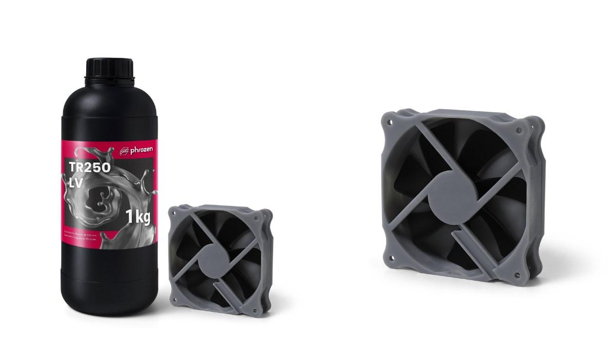 Phrozen TR250LV 耐高溫樹脂 1KG 瓶裝與列印的風扇零件樣品