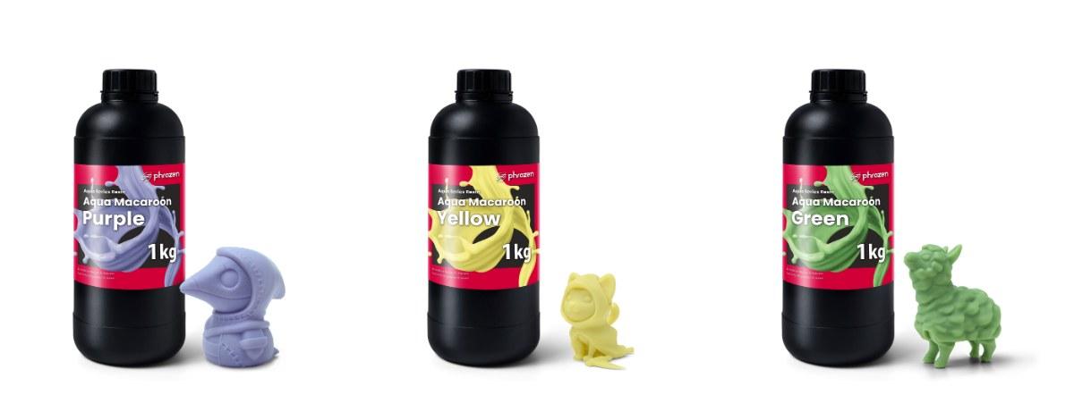 Phrozen 馬卡龍系列湖水模型樹脂紫、黃、綠三色瓶裝與列印樣品