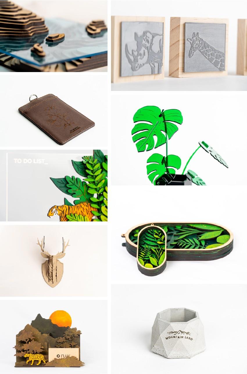 FLUX HEXA 加工的木頭、皮革、壓克力等材質成品範例