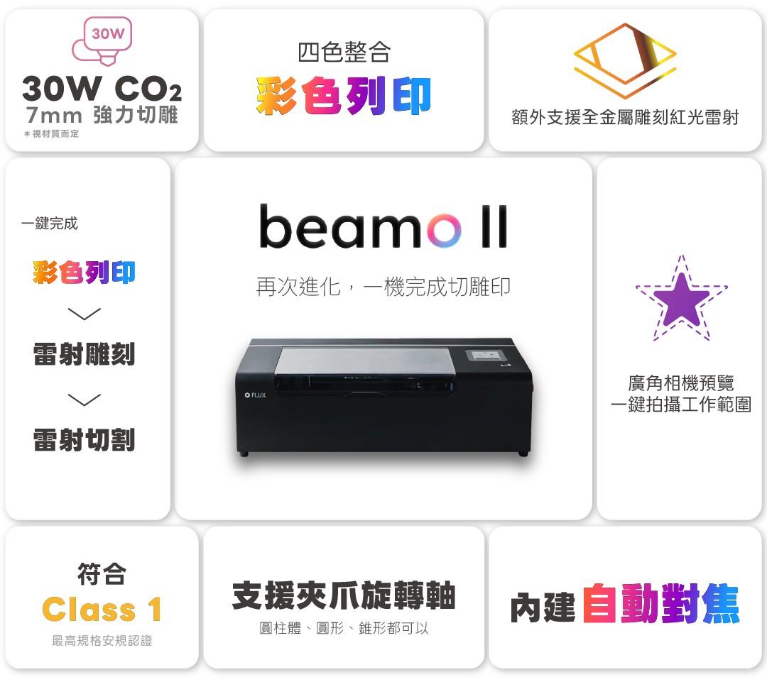 FLUX beamo II 功能總覽：30W CO₂ 雷射、四色彩色列印、Class 1、自動對焦