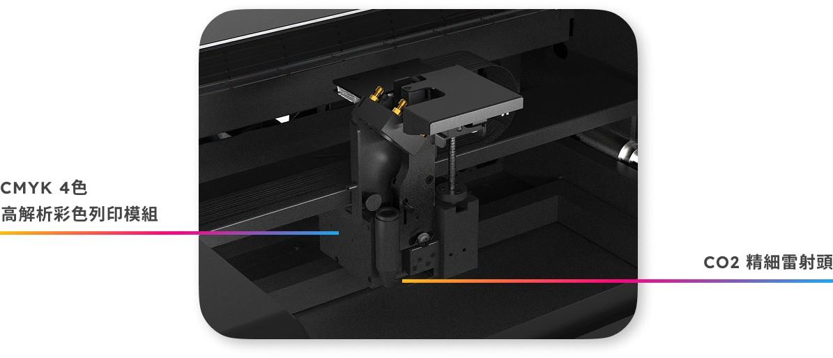 FLUX beamo II 二合一模組頭：CMYK 彩色列印模組與 CO₂ 雷射頭