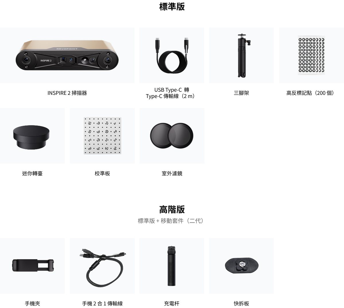 Revopoint INSPIRE 2 標準版與高階版包裝內容物