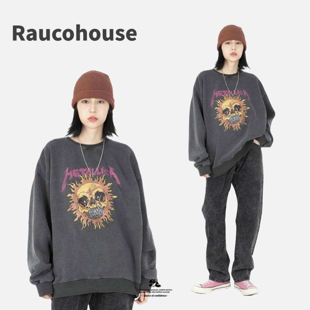 Raucohouse ACILLATEM樂團復古火焰太陽水洗大學Tee