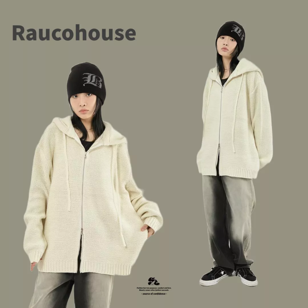 Raucohouse 針織華夫格雙拉鍊連帽外套