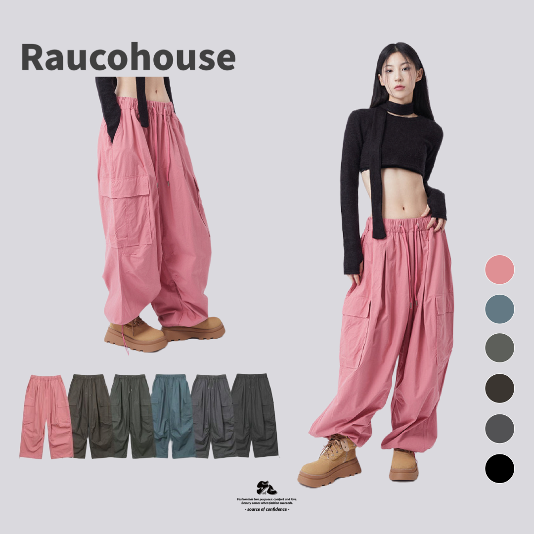 Raucohouse 尼龍伸縮口袋工裝寬褲