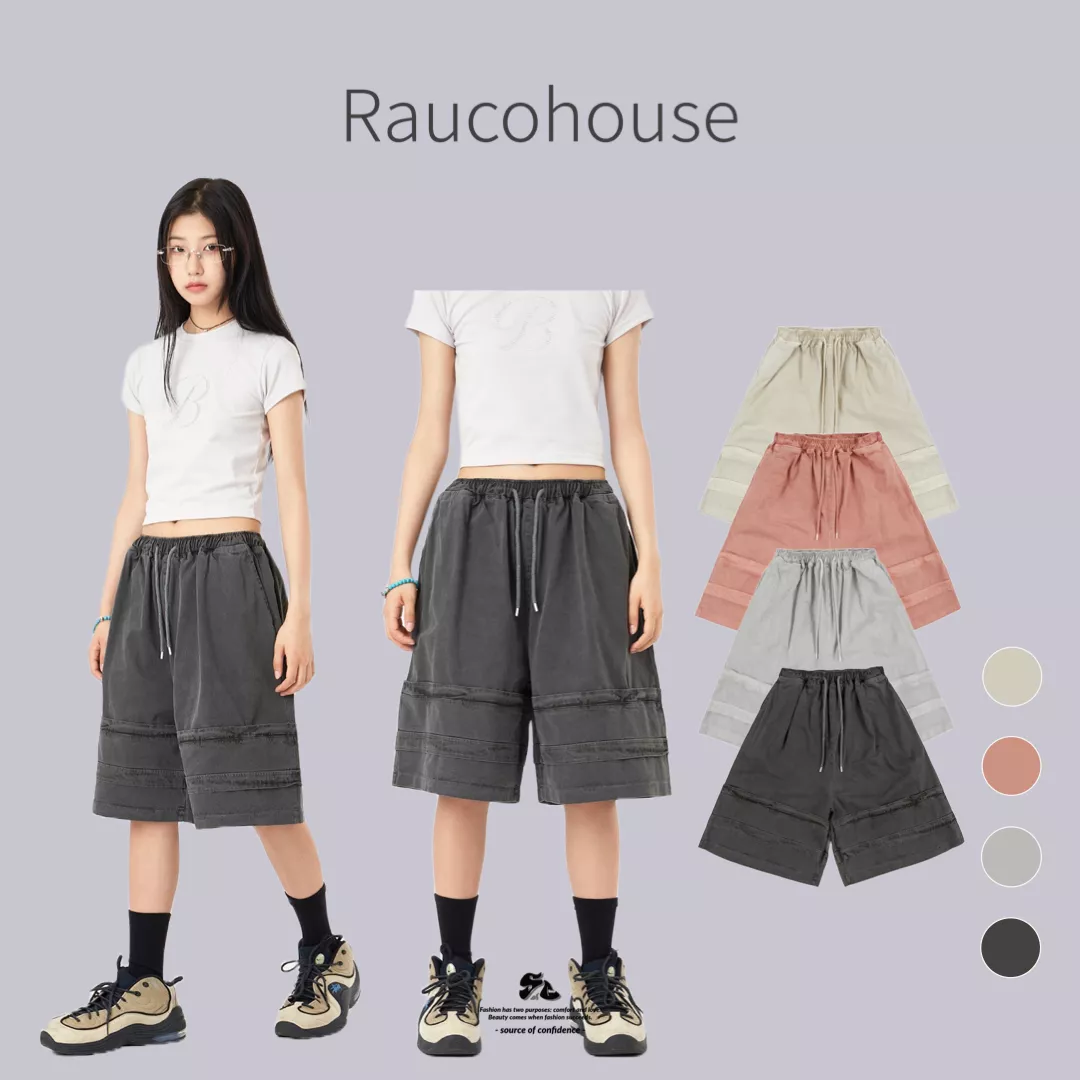 Raucohouse 仿舊水洗層次拼接綁帶五分寬褲