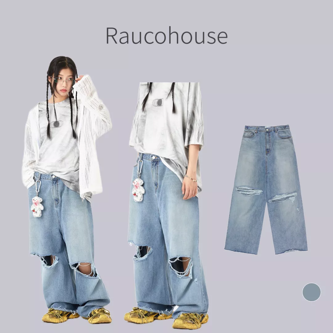 Raucohouse 水洗破損街頭寬闊牛仔落地褲