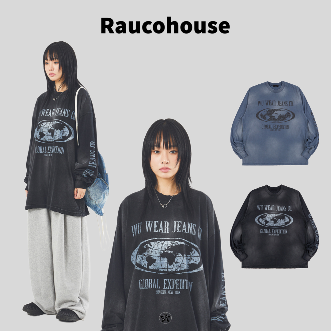 Raucohouse 美式水洗破損地球印花薄長Tee