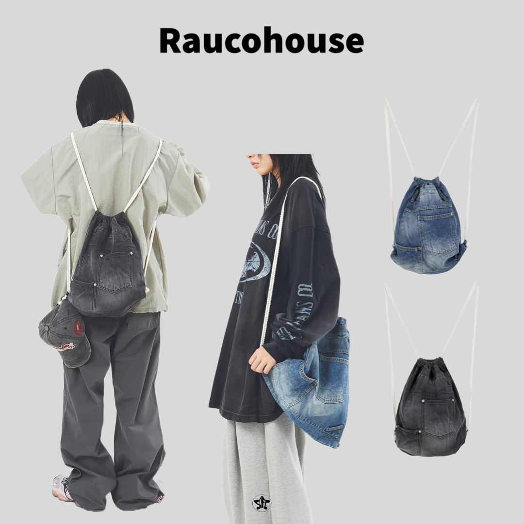 Raucohouse 丹寧牛仔抽繩束口後背包