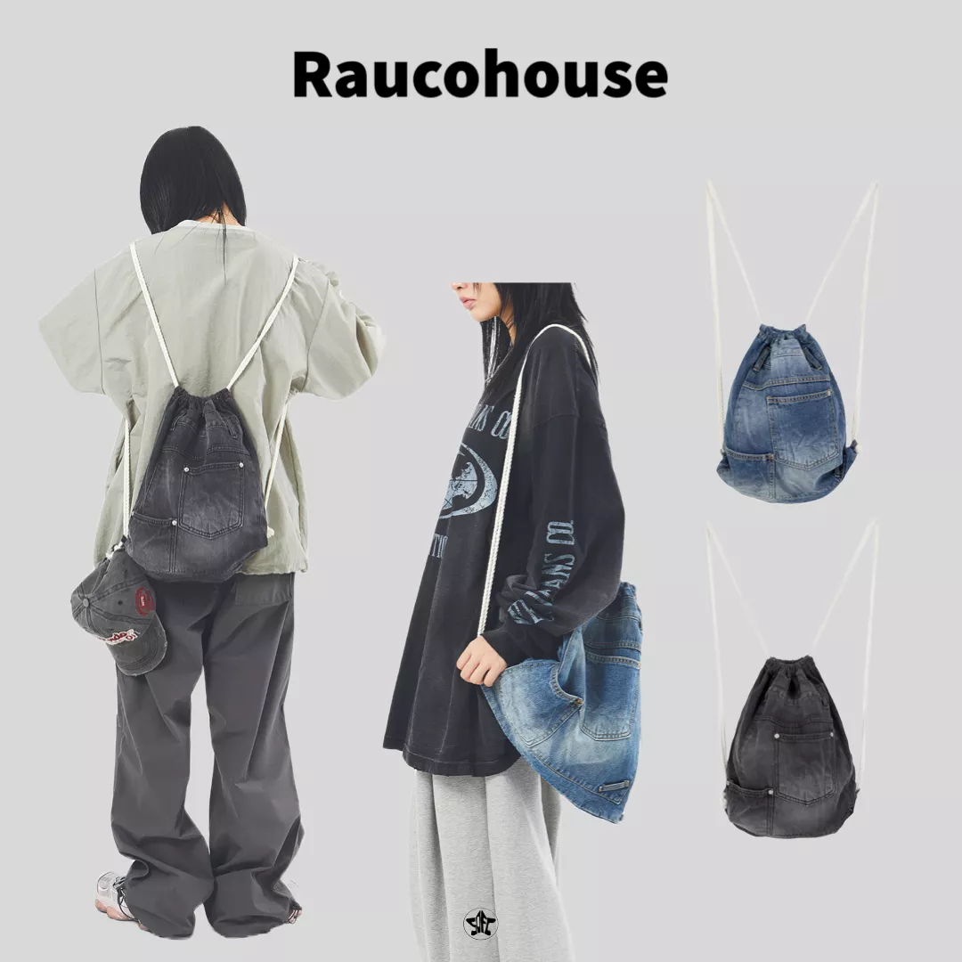 Raucohouse 丹寧牛仔抽繩束口後背包