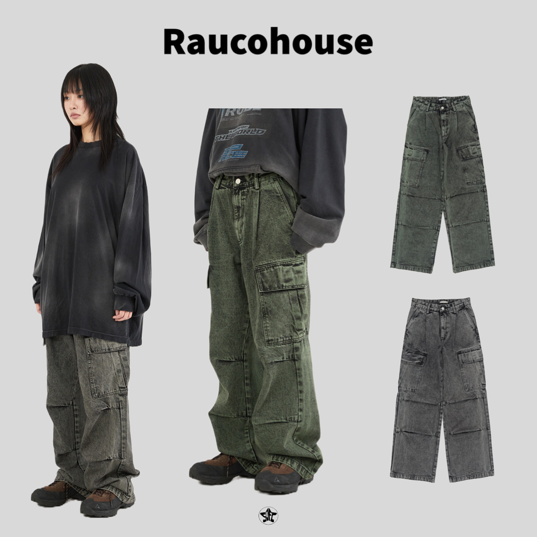 Raucohouse 復古水洗工裝打褶牛仔寬褲（2024 new color)